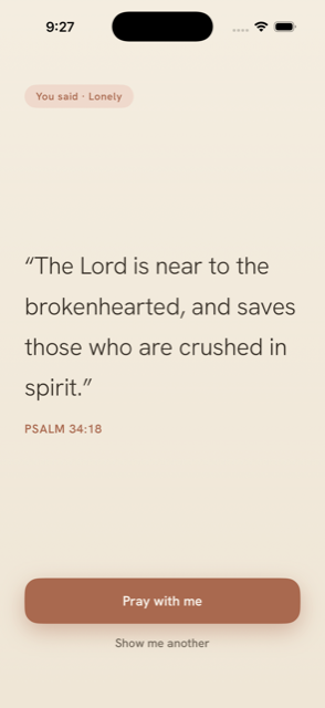Scripture screen showing Psalm 34:18 about the Lord being near to the brokenhearted.