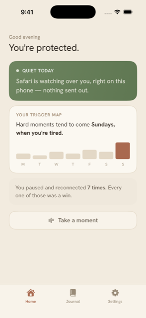 Home screen reading You're protected, with a private trigger map.