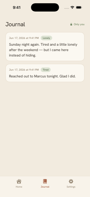 Journal screen marked Only you, with private entries.